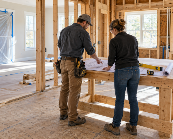 Illustrative construction team reviewing a plan during a residential remodel